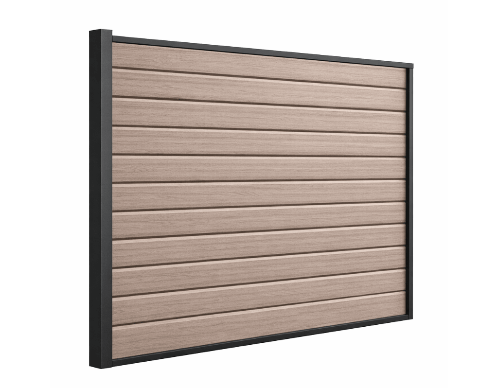 Stapelplank • schuttingset • composiet • vergrijsd bruin houtnerf • antraciet kader • volledige privacy • 2 meter hoog • met 1 paal 300cm antraciet