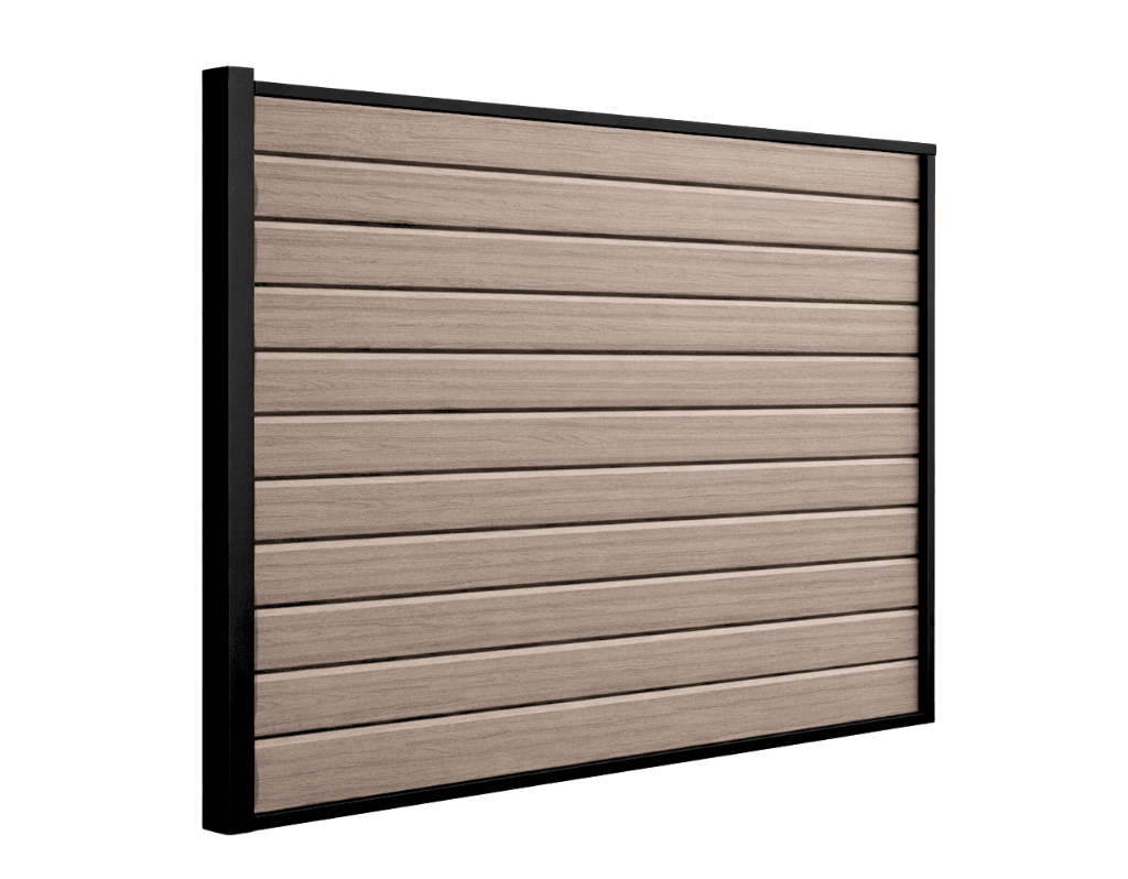 Stapelplank • schuttingset • composiet • vergrijsd bruin houtnerf • 180 x 180 cm • volledige privacy met 1 paal 270cm donkerantraciet