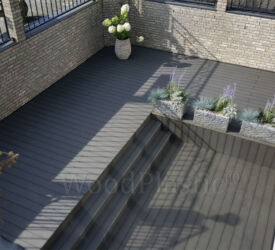 Hier een voorbeeld van hoe een terras, gemaakt van massieve vlonderplanken met een verdekte naad in de kleur eben, er uit kan zien. Creativiteit èn kwaliteit! Vlonderplank • Terafest® • composiet • Rustic Top • eben • verdekte naad
